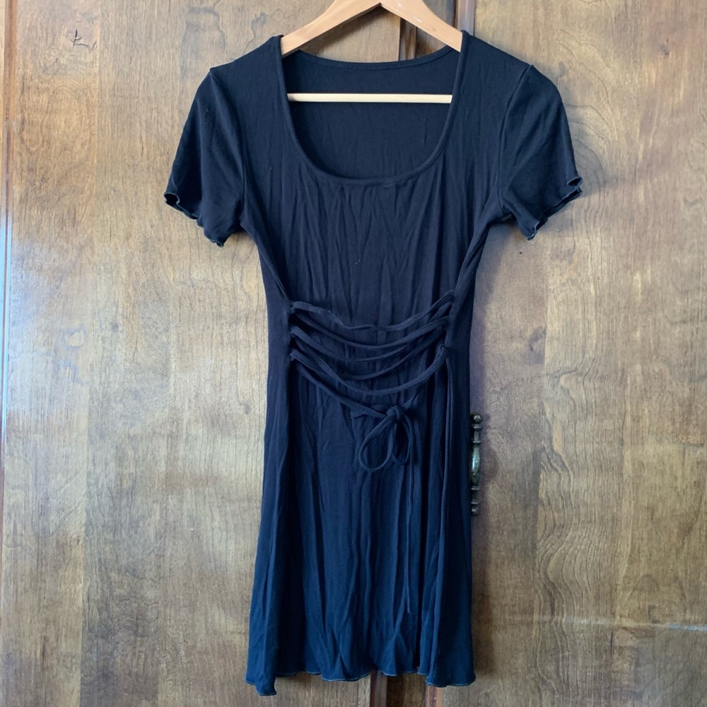 Black Short-Sleeve Lace-Up Women’s Dress